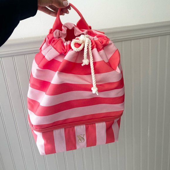 Victoria's Secret Handbags - ⭐️ NEW Victoria's Secret Pink Striped Drawstring Cooler Backpack